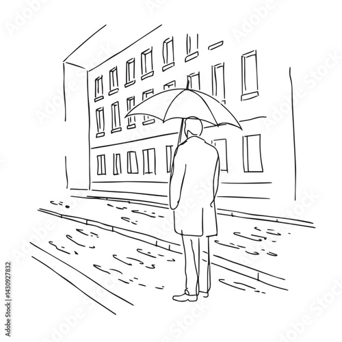 Elegant Man with Umbrella Silhouette - Minimal Line Drawing - man umbrella silhouette - man umbrella vector - man umbrella doodle - umbrella illustration - man umbrella line art

