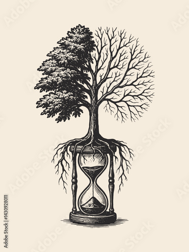 Tree growing from hourglass with seasonal split, engraving style