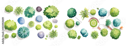Watercolor style hand drawn top of view tree garden useful for landscape design