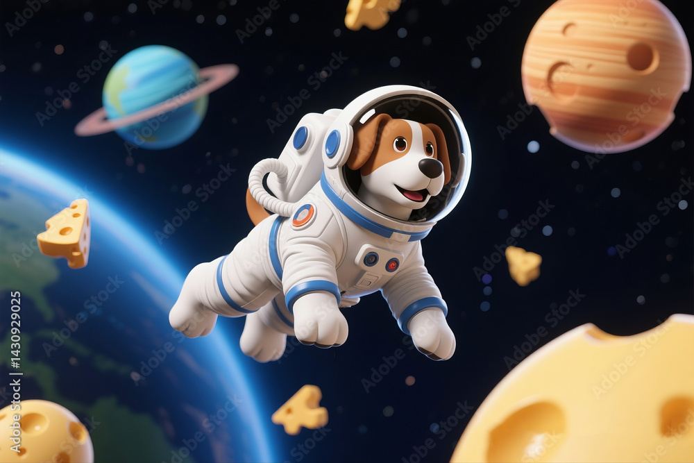 Naklejka premium 3D Pup Explorer Among Cheese Planets