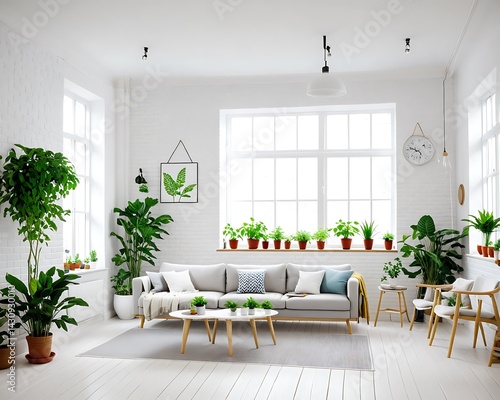 Offener Grundriss im modernen skandinavischen Stil mit Küche und Wohnzimmer. Ein heller und freundlicher Raum mit weißen Ziegelwänden, vielen Pflanzen und einem Sofa.