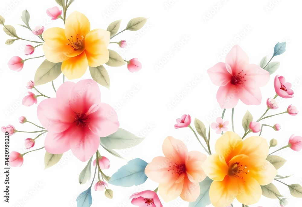 Fototapeta premium Delicate pastel watercolor floral design, soft blossoms & leaves seamlessly blending into a light background, artwork, calm