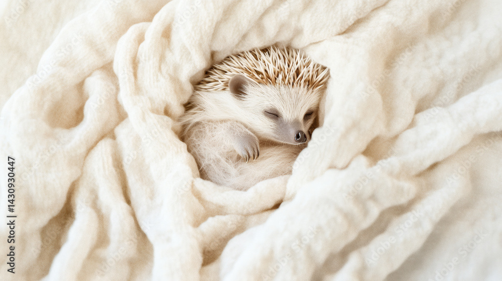 A sleeping hedgehog curled up in a soft white blanket creating a cozy and peaceful scene of rest A sleeping hedgehog curled up in a soft white blanket creating a cozy and peaceful scene of rest