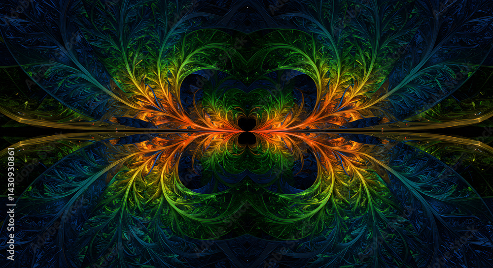 Colorful Symmetrical Fractal Art Design With Reflected Botanical Elements Colorful Symmetrical Fractal Art Design With Reflected Botanical Elements