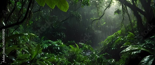 Heavy rainfall pounding a lush jungle canopy with streams of water pouring off thick green leaves into shaded undergrowth