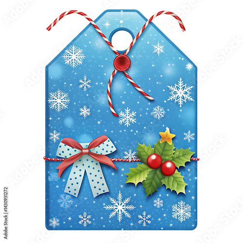 Blue Christmas Gift Tag Design: Winter Holiday Snowflake Holly Bow Background Image