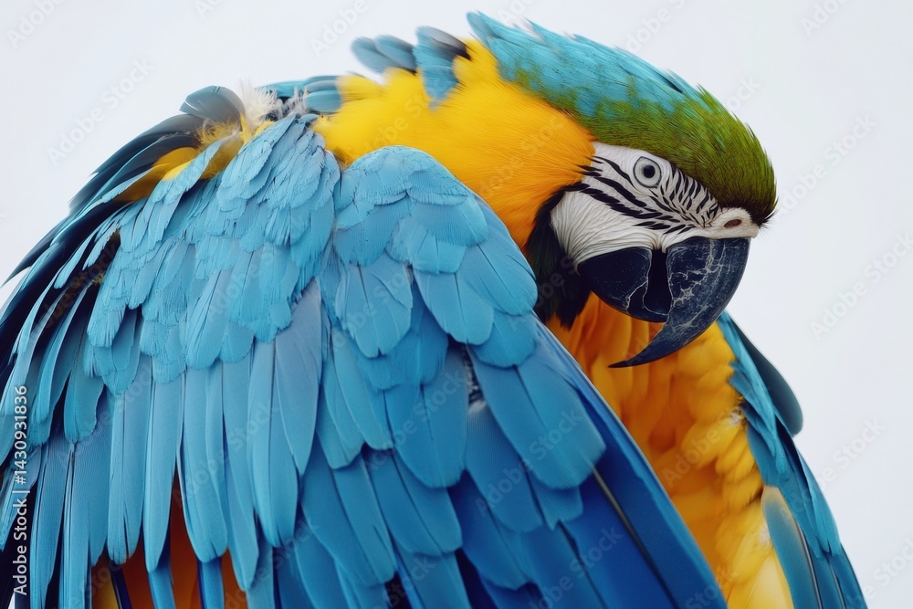 Blue and Yellow Macaw Displays Vibrant Wing Feathers in a Bright Studio Setting Generative AI
