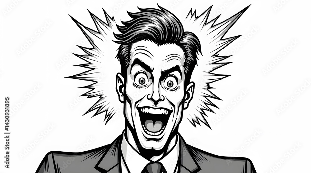 Surprised man illustration, ideal for expressing shock or excitement. Black and white, dynamic and attention-grabbing. Surprised man illustration, ideal for expressing shock or excitement. Black and white, dynamic and attention-grabbing.