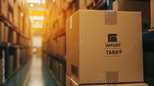 Cardboard Box in Warehouse with Import Tariff Label and Stacked Shelves in Background