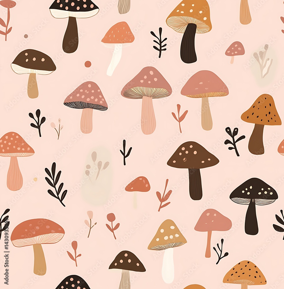 Autumn seamless pattern of mushrooms and forest plants Autumn seamless pattern of mushrooms and forest plants