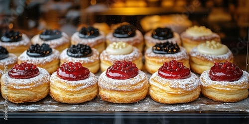 Wallpaper Mural An assortment of freshly baked Danish pastries, including fruit-filled and cream cheese varieties, displayed in a bakery window Torontodigital.ca