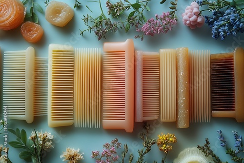 Clean product shoot of combs placed rows highlighting texture