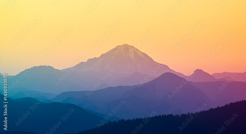 Naklejka premium Abstract Mountain Range Silhouette With Warm Colored Sky At Sunrise