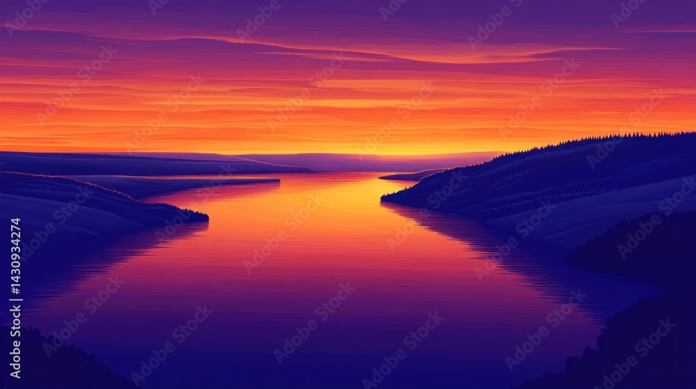 Fototapeta premium Serene river sunset over hills