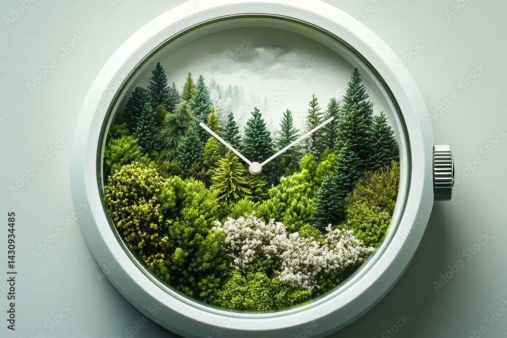 Creative Watch Face Displays Time Through Changing Seasons in a Lush Pine-Covered Landscape Generative AI