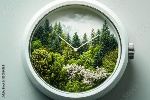 Obraz na płótnie Creative Watch Face Displays Time Through Changing Seasons in a Lush Pine-Covered Landscape Generative AI w salonie