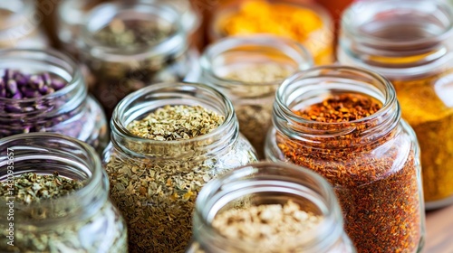 Fototapeta Naklejka Na Ścianę i Meble -  Spice jars in neat row on rustic wooden shelf