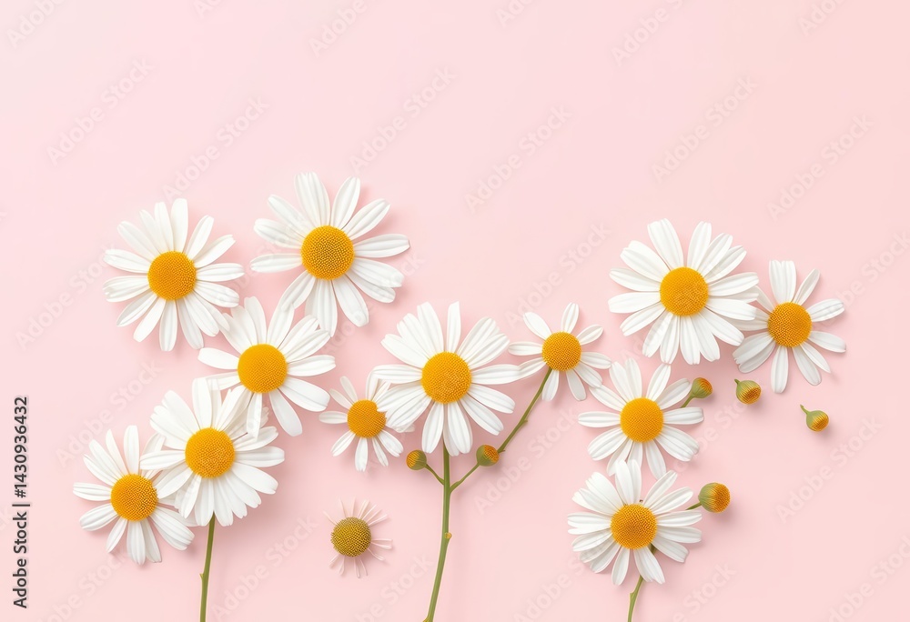 Fototapeta premium Delicate white chamomile blossoms arranged minimally on a pale pink background , floral photography, daisy
