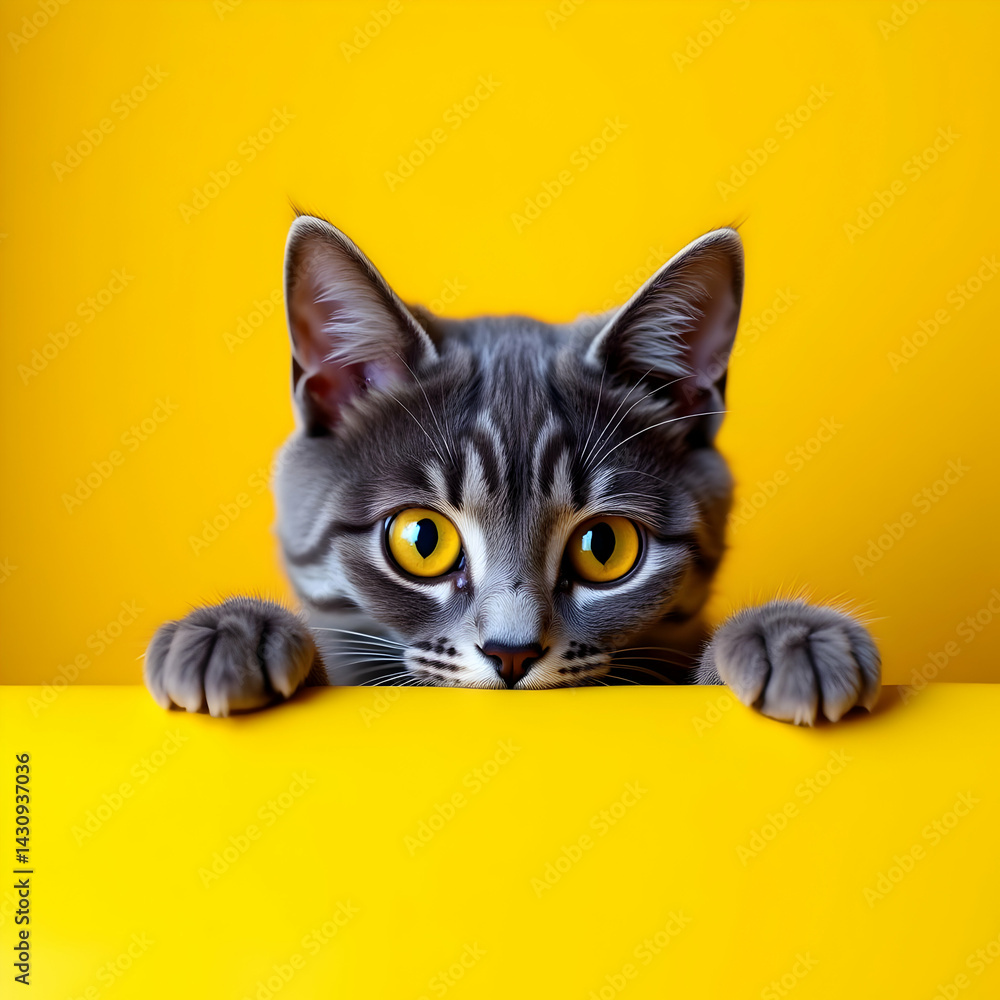 Fototapeta premium A gray tabby kitten with striking yellow eyes playfully peeks over a bright yellow surface, its paws resting on the edge. The vibrant contrast creates a cheerful and captivating image.