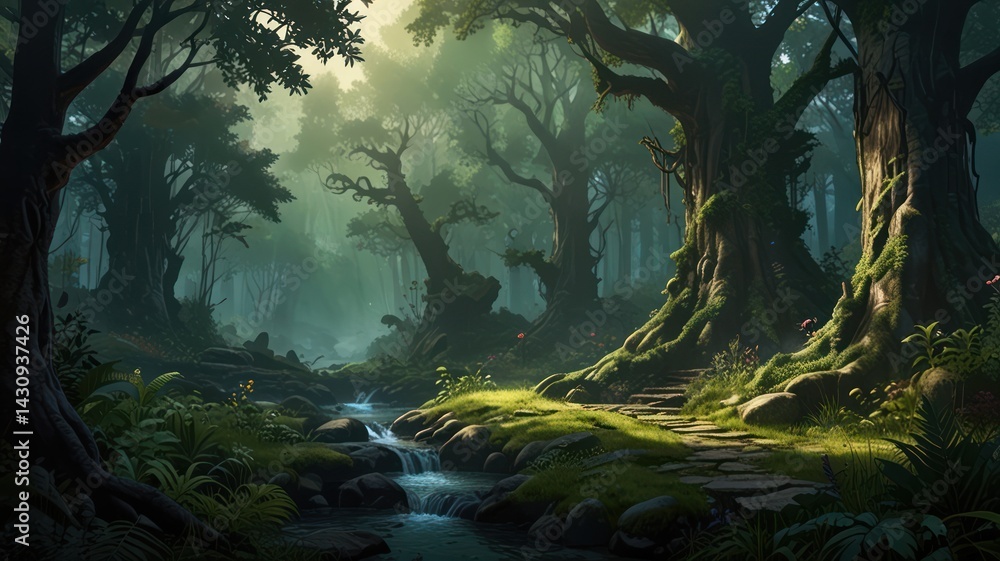 Fototapeta premium Sunlit Forest Path, Stream, Mystical Woods, Background Fantasy, Game Design
