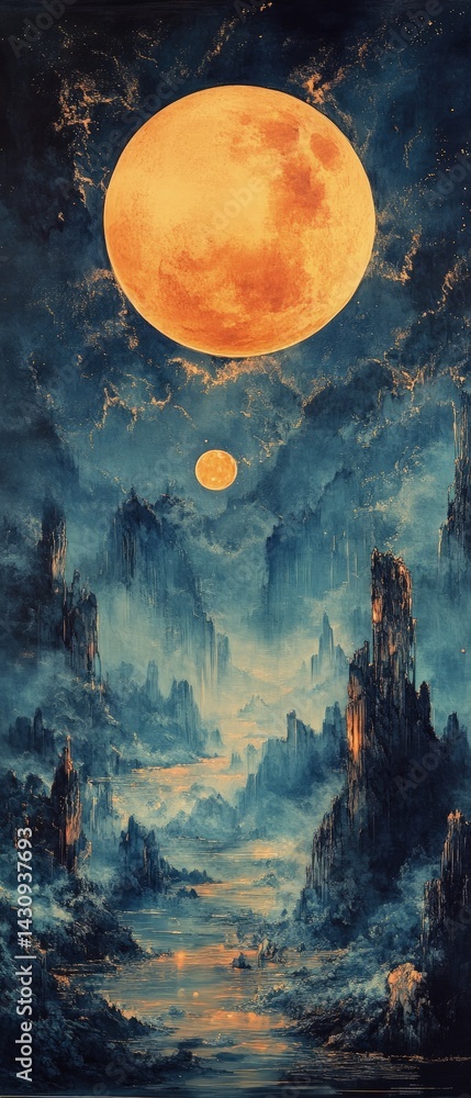 Obraz premium Night landscape art with a large moon above a body of water.