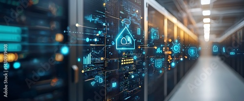 Data center with digital interface overlayed on servers, housing icon