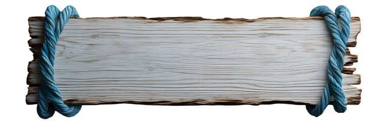 realistic photograph of a blank, wooden beach sign with edges wrapped in blue rope floating on a solid grey background