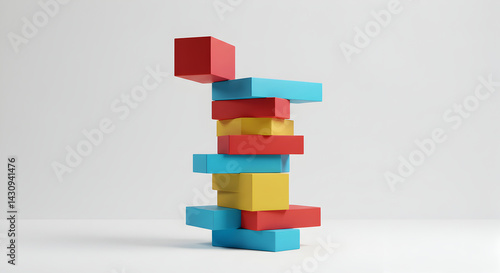 Colorful Blocks Tower On White Background, Strategy And Balancing Concept