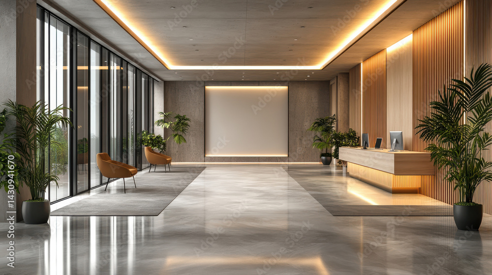 Fototapeta premium Modern Lobby with Marble Flooring, Orange Chairs, Reception Desk, and Greenery