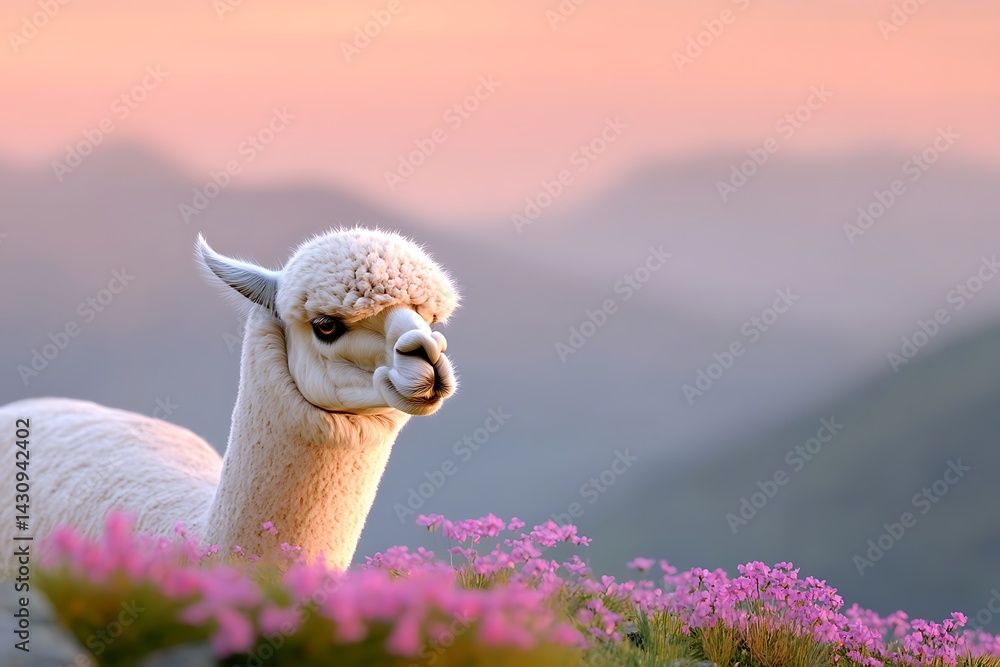 Fototapeta premium Serene Alpaca Gazing at Dawn Peaks of excellence in splendor beyond compare with grace in style