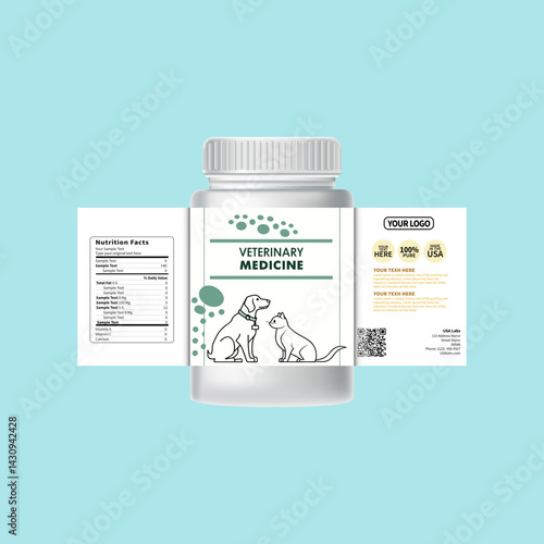 Veterinary medicine bottle with a paw print label, symbolizing pet care, health treatments, and responsible animal wellness through modern pharmaceutical solutions.