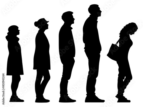 Silhouettes of diverse individuals standing in a line, showcasing various heights and postures against a white background.