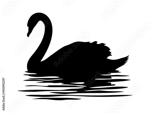 Silhouette of an elegant black swan gracefully gliding on a calm water surface.