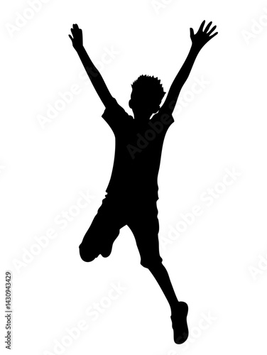 Silhouette of a joyful boy jumping with arms raised against a white background.