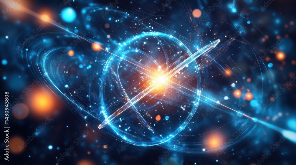 Obraz premium Abstract Cosmic Background with Bright Stars and Glowing Orbital Rings