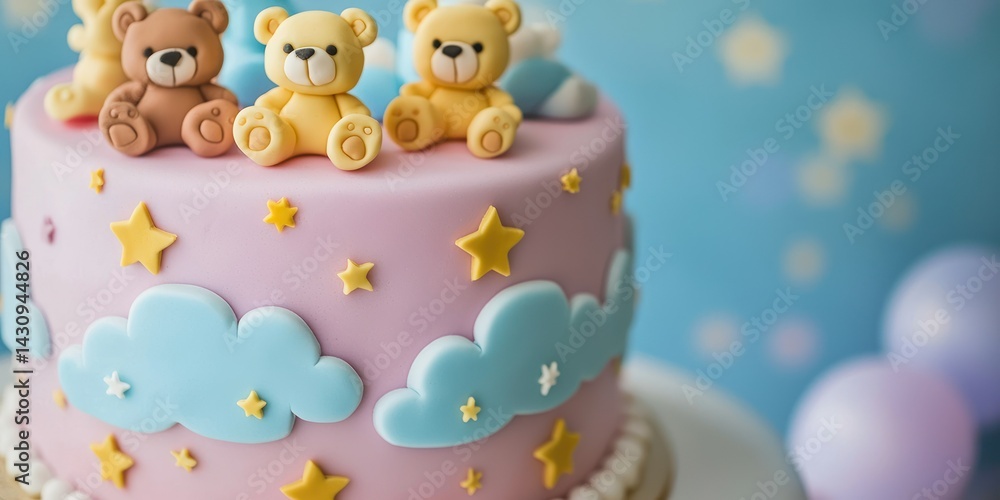 Naklejka premium an adorable baby-themed cake with tiny teddy bears, stars, and clouds