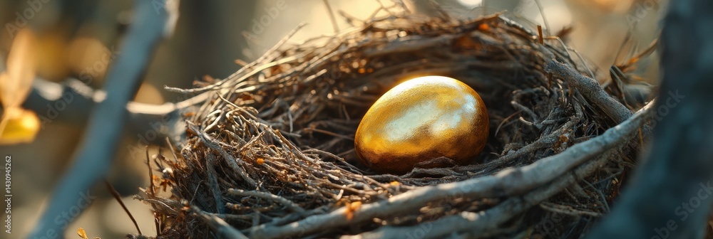 Golden Egg Rests in a Delicate Bird Nest Under Soft Sunlight in a Tranquil Natural Setting Generative AI