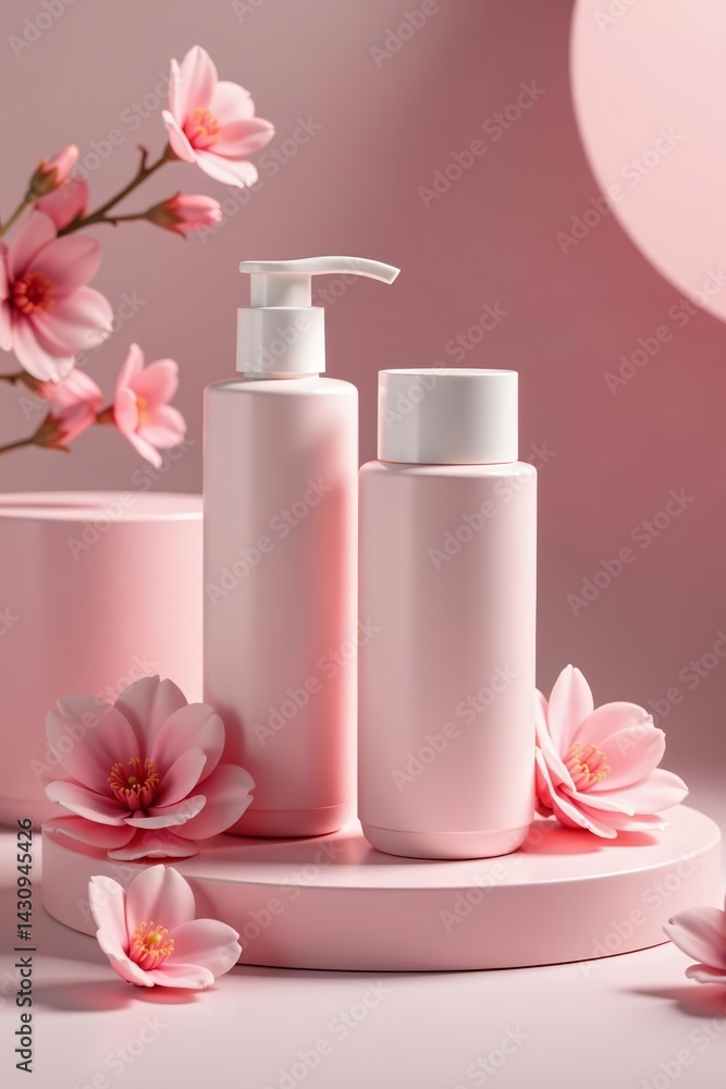Elegant beauty product container with gentle pink tones, floral accents, soft, cream Elegant beauty product container with gentle pink tones, floral accents, soft, cream