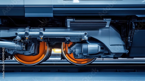 Modern train locomotive's undercarriage with orange wheels.