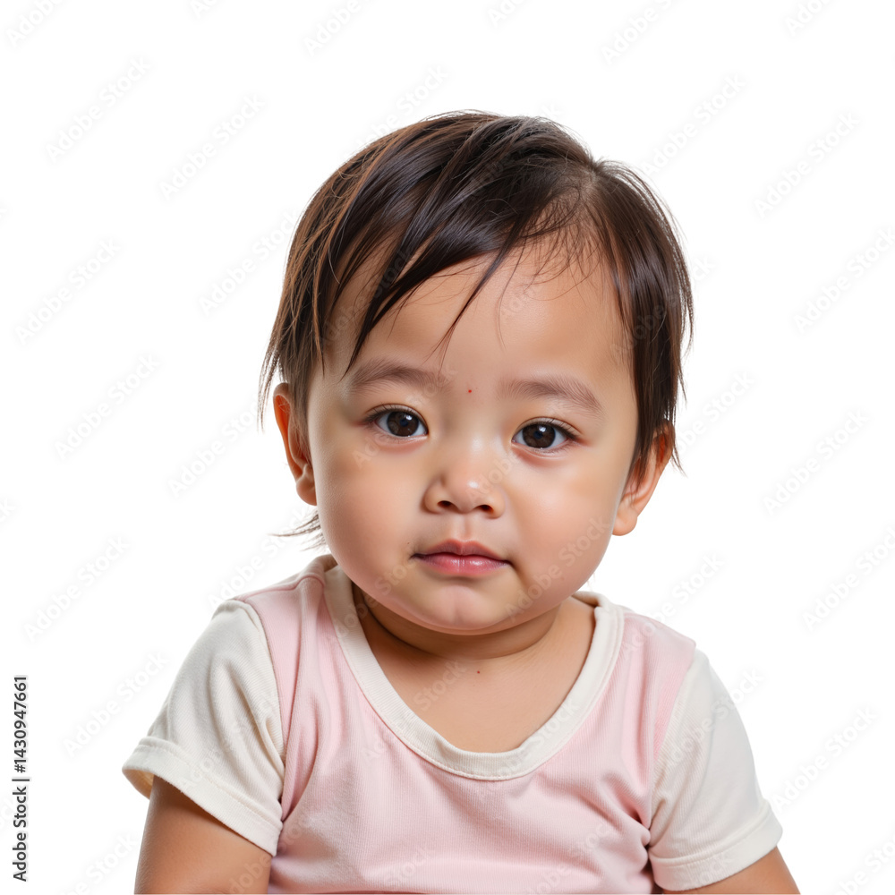 Portrait of a Young Child: A close-up image of a cute toddler with dark hair and an adorable expression, set against a solid transparent background, highlighting their innocence and charm. Portrait of a Young Child: A close-up image of a cute toddler with dark hair and an adorable expression, set against a solid transparent background, highlighting their innocence and charm.