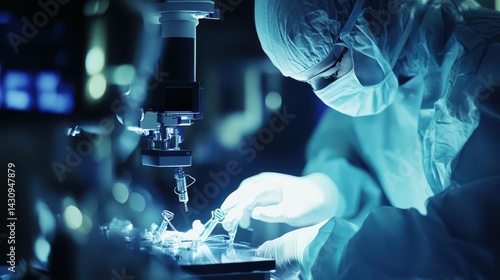 Medical technician operates sophisticated robotic equipment in a sterile facility.