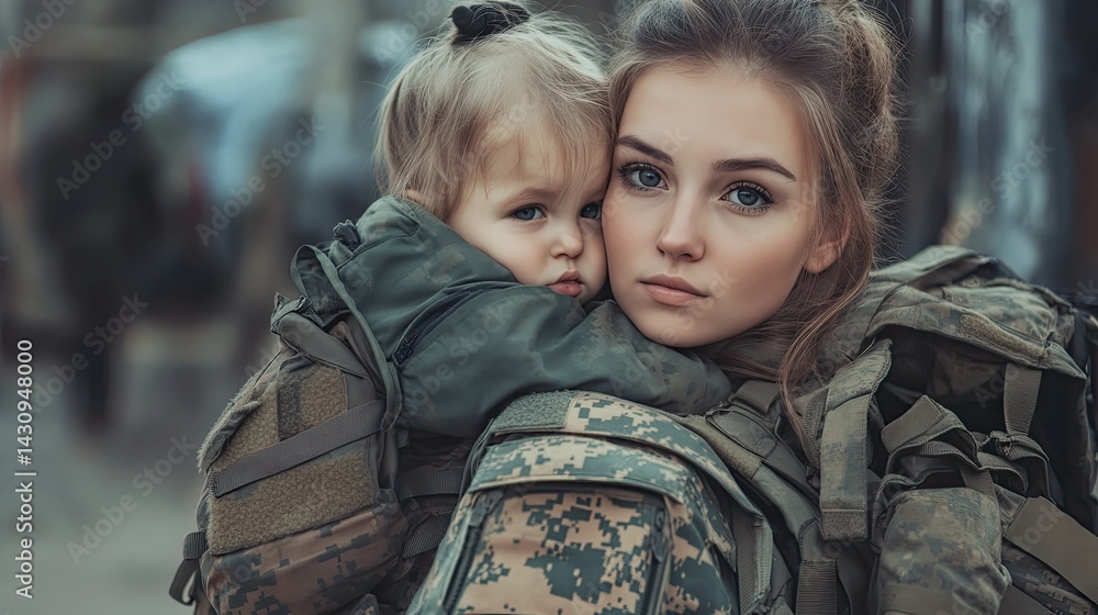 Fototapeta premium A soldier in camouflage uniform embraces a young child, who is joyfully hugging them back.