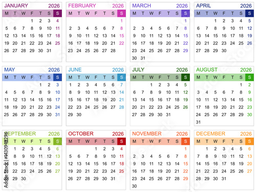 Modèle de calendrier 2026 pour agenda, planning, organiseur avec textes en anglais - textes vectorisés et non vectorisés sur calques séparés