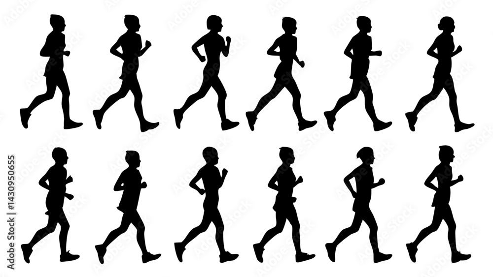 silhouettes depicting various phases of a running cycle, ideal for sports motion studies, animation references, educational resources, and dynamic creative projects
