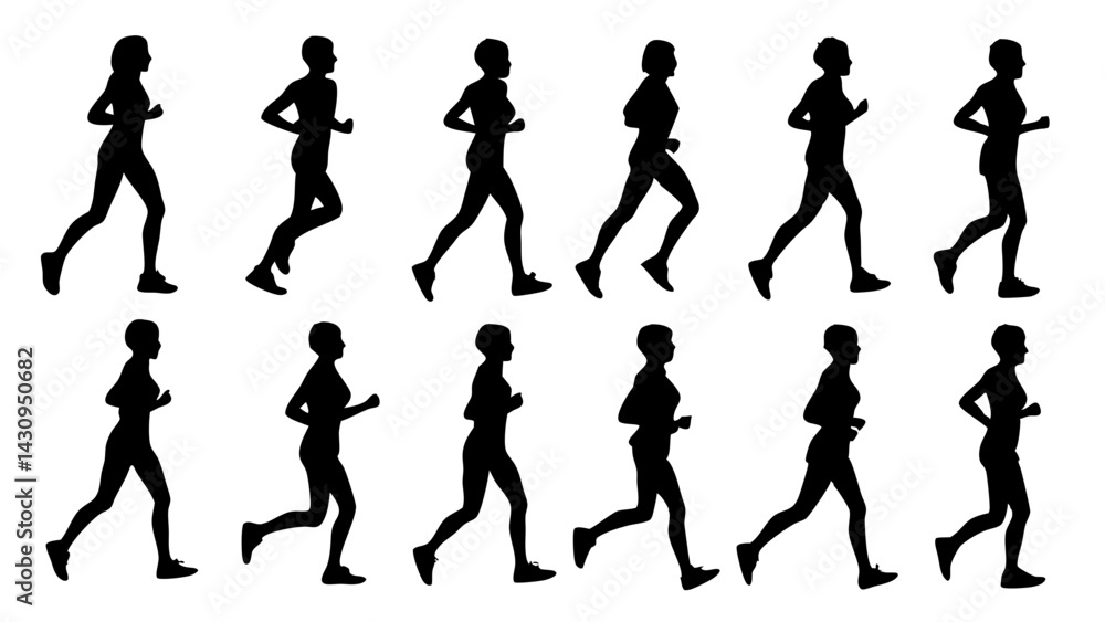 Fototapeta premium silhouettes showcasing 12 sequential phases of a running cycle, ideal for sports motion studies, animation references, educational materials, and creative projects 