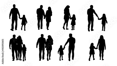 silhouettes of adult-and-child pairs engaging in various poses, ideal for family and relationship-themed designs, creative projects, and educational materials
