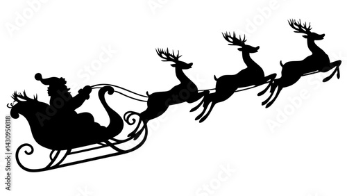silhouette of Santa Claus riding in a sleigh with reindeer, perfect for Christmas-themed designs, posters, greeting cards, and festive digital artwork
