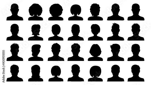 silhouettes of diverse human profiles with unique hairstyles and shapes, ideal for branding, posters, digital artwork, educational materials, and creative projects
