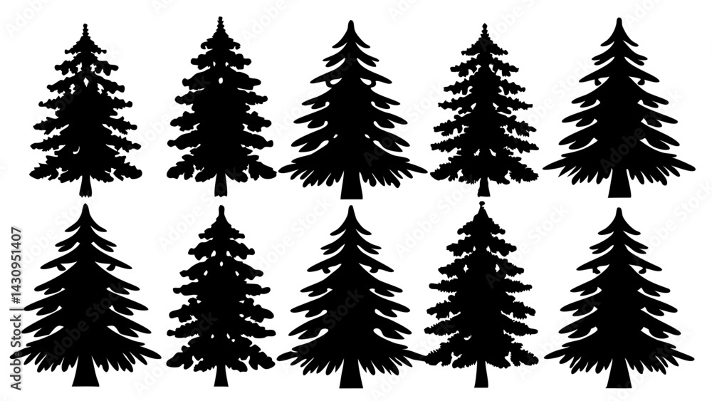 silhouettes of ten diverse pine trees in distinct forms for nature-themed designs, posters, educational materials, and digital artwork
silhouettes of ten diverse pine trees in distinct forms for nature-themed designs, posters, educational materials, and digital artwork
