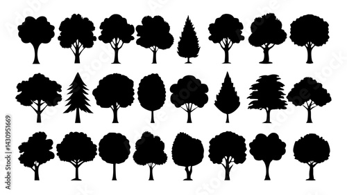 diverse tree silhouettes with unique shapes for nature-themed designs, posters, educational materials, and creative digital projects

